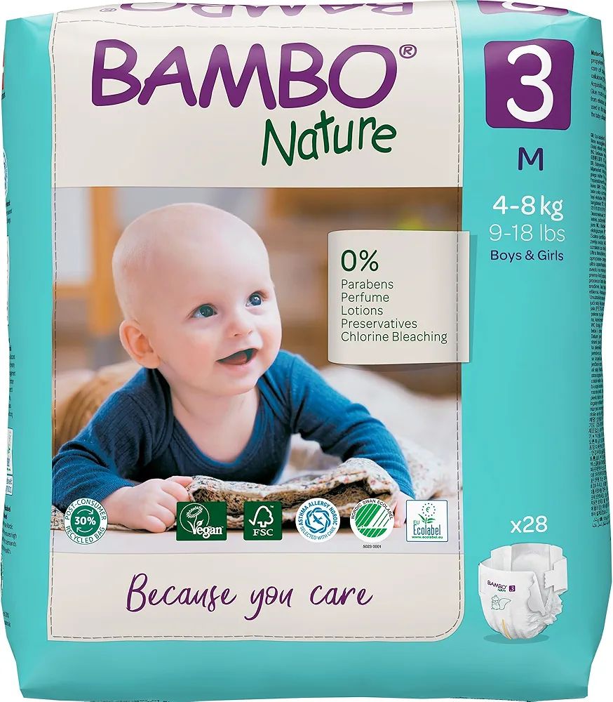 Bambo Nature Premium Baby Tape Diapers for Baby Medium Size (4-8 Kgs) - Super Absorbent, Breathable, Extra Soft, Dermatologically Tested, Hypoallergenic Infant Nappies With Wetness Indicator, 28 Count
