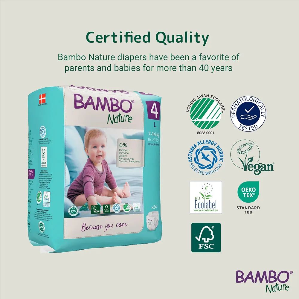 Bambo Nature Premium Baby Tape Diapers for Baby Large Size (7-14 Kgs), Super Absorbent, Breathable, Extra Soft, Dermatologically Tested, Hypoallergenic Nappies With Wetness Indicator, 24 Count view 2