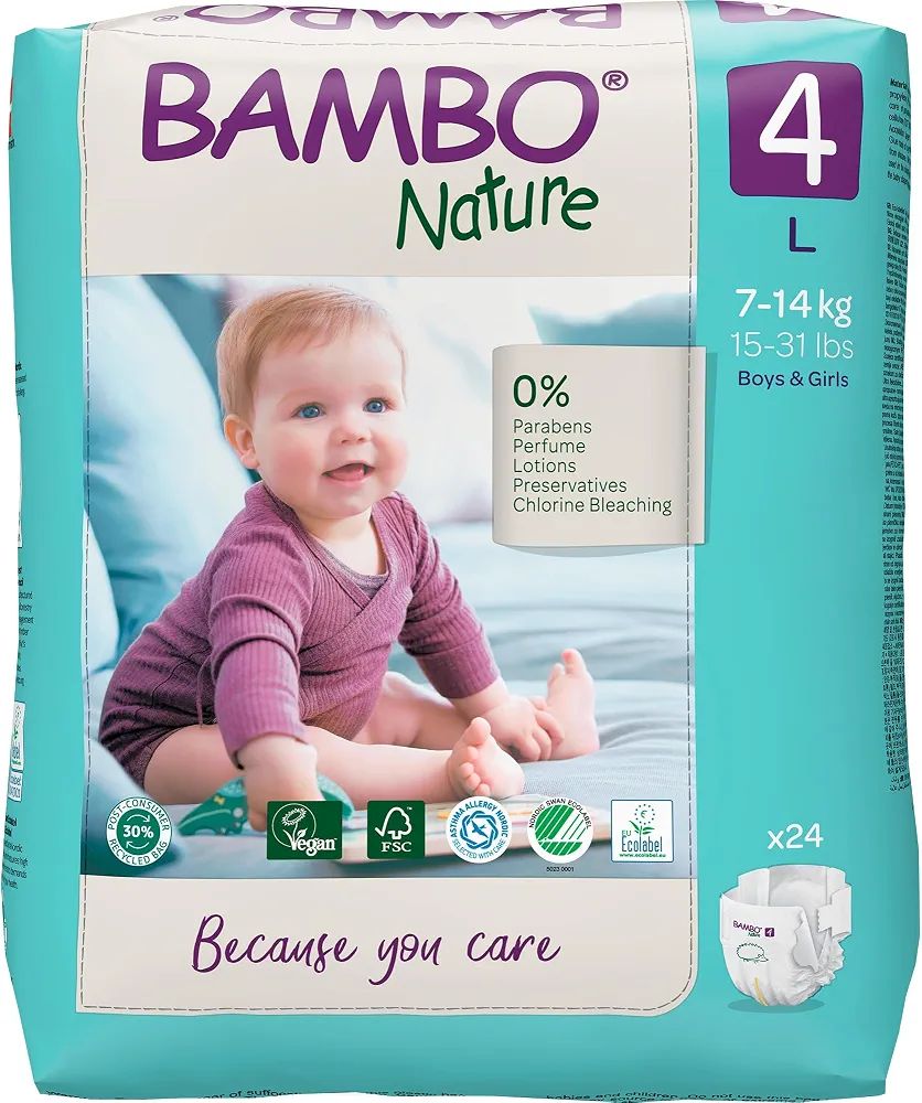 Bambo Nature Premium Baby Tape Diapers for Baby Large Size (7-14 Kgs), Super Absorbent, Breathable, Extra Soft, Dermatologically Tested, Hypoallergenic Nappies With Wetness Indicator, 24 Count
