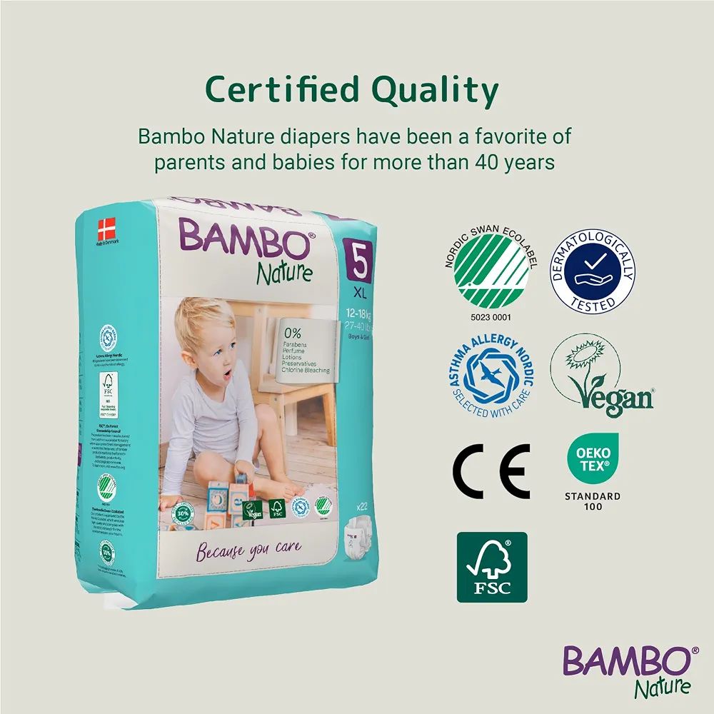 Bambo Nature Premium Baby Tape Diapers for Baby XL Size (12-18 Kgs), Super Absorbent, Breathable, Extra Soft, Dermatologically Tested, Hypoallergenic Nappies With Wetness Indicator, 22 Count view 2