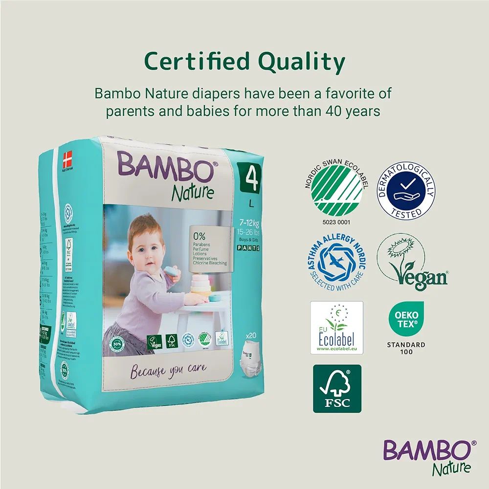 Bambo Nature Premium Baby Pants Diapers for Kids Large Size (7-12 Kgs), Super Absorbent, Breathable, Extra Soft, Dermatologically Tested, Hypoallergenic Infant Nappies With Wetness Indicator, 20 Count view 2