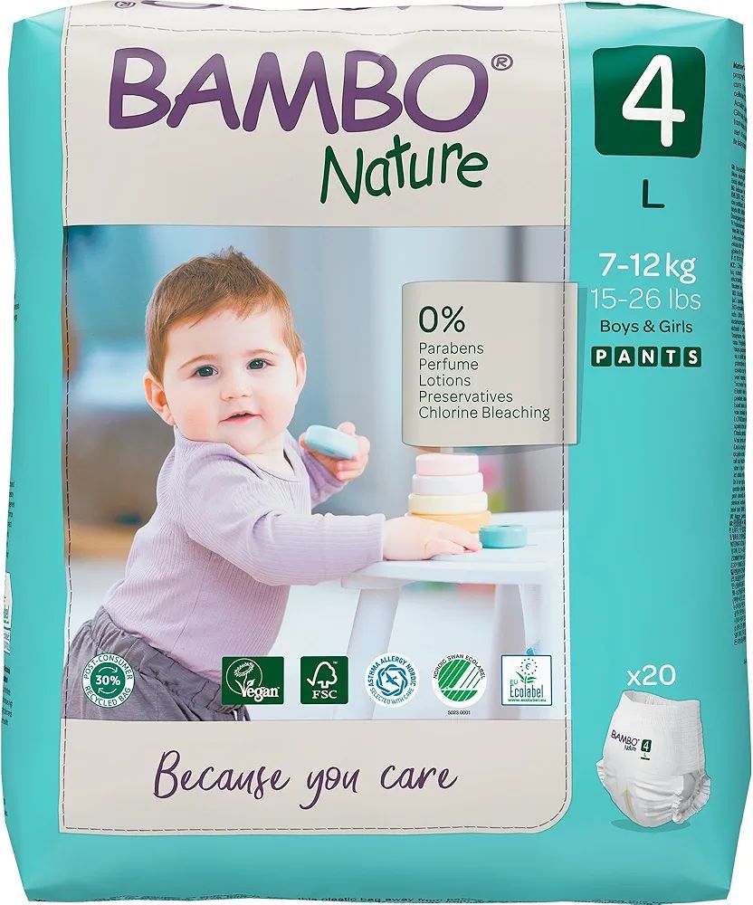 Bambo Nature Premium Baby Pants Diapers for Kids Large Size (7-12 Kgs), Super Absorbent, Breathable, Extra Soft, Dermatologically Tested, Hypoallergenic Infant Nappies With Wetness Indicator, 20 Count