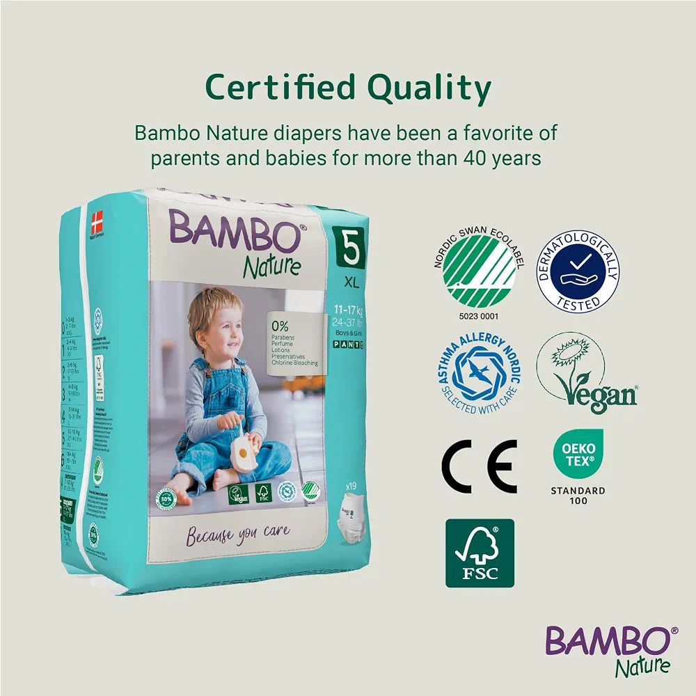 Bambo Nature Premium Baby Pants Diapers for Kids XL Size (11-17 Kgs), Super Absorbent, Breathable, Extra Soft, Dermatologically Tested, Hypoallergenic Toddler Nappies With Wetness Indicator, 19 Count view 2
