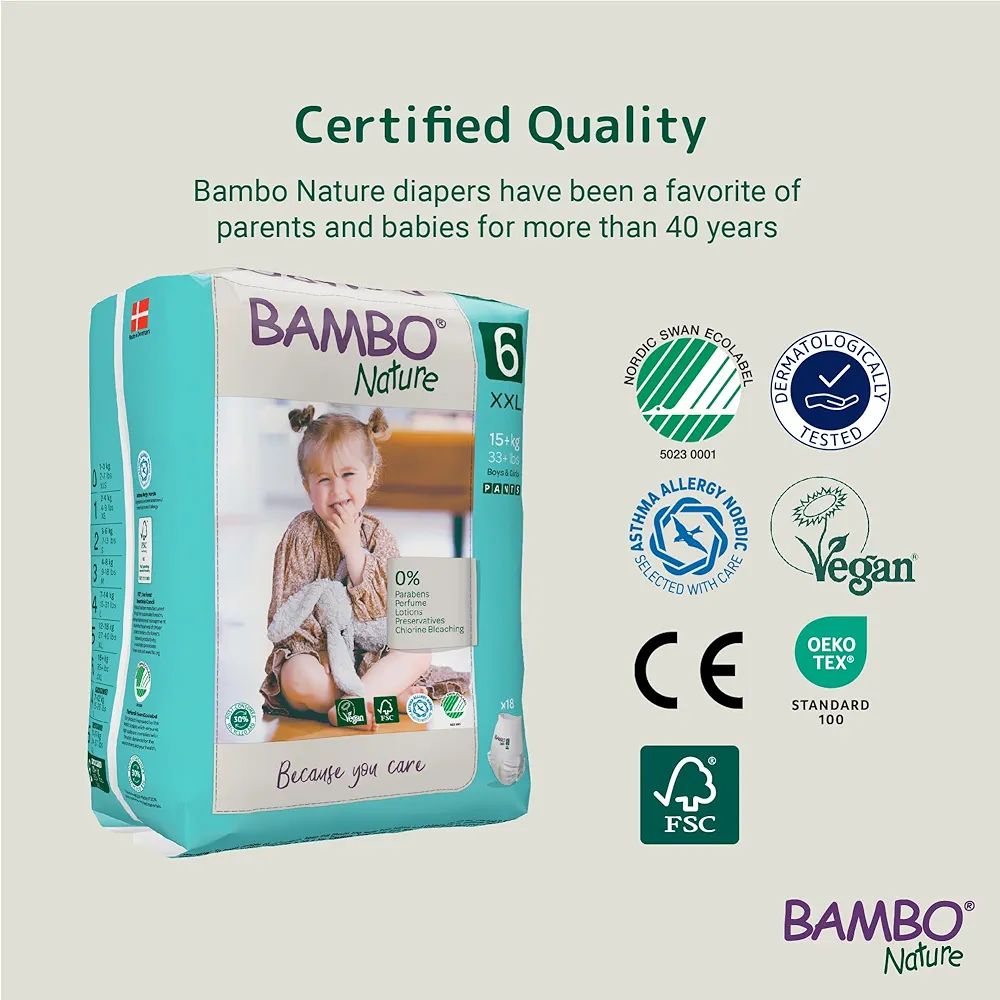 Bambo Nature Premium Baby Pants Diapers for Kids XXL Size (15+ Kgs), Super Absorbent, Breathable, Extra Soft, Dermatologically Tested, Hypoallergenic Infant Nappies With Wetness Indicator, 18 Count view 2