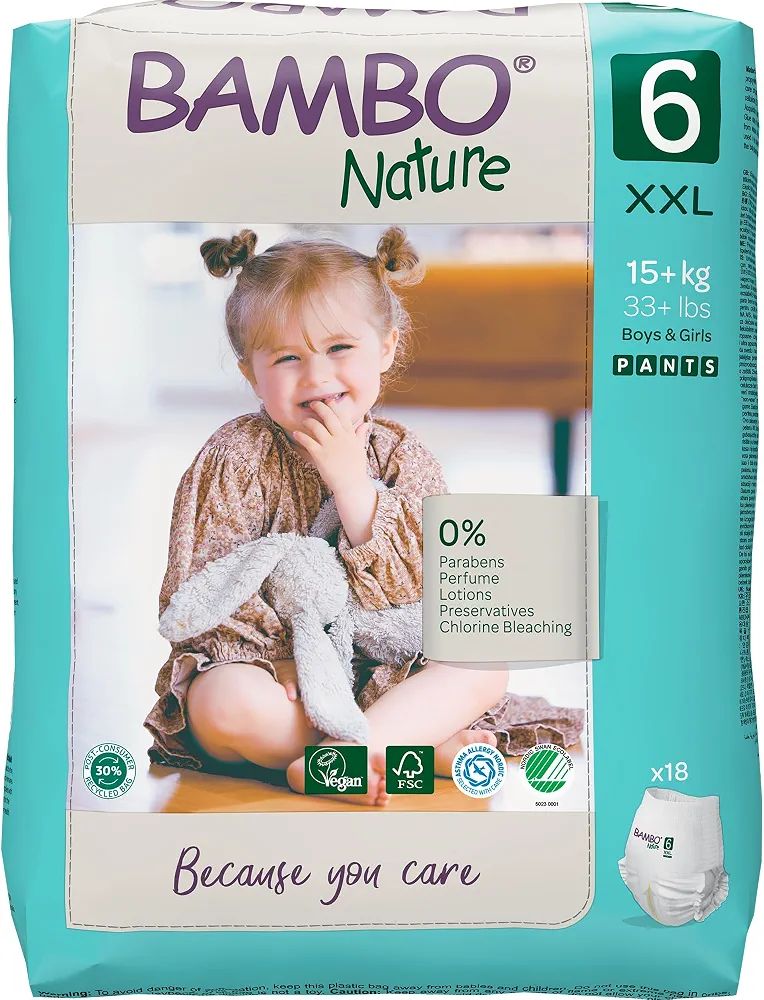 Bambo Nature Premium Baby Pants Diapers for Kids XXL Size (15+ Kgs), Super Absorbent, Breathable, Extra Soft, Dermatologically Tested, Hypoallergenic Infant Nappies With Wetness Indicator, 18 Count