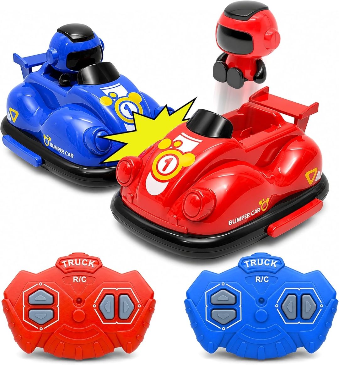 VGRASSP 2 Player Remote Control Bumper GO Kart Toy for Kids with Ejecting Robots - Rechargeable 360° Rotating 2.4GHz RC Multiplayer Battle Cars for Siblings and Friends - Color As Per Stock