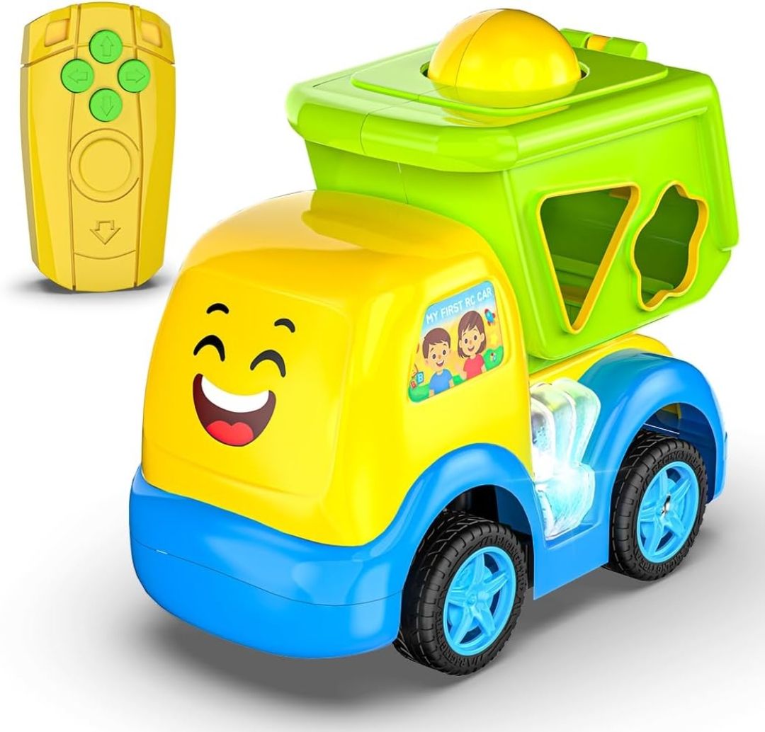 Mirana My First RC Car Toy For Kids - USB Type-C Rechargeable Bulldozer, Excavator, Crane Vehicle - Drop Shapes Into Correct Spots Design - For Boys & Girls 1+ Years (Dumpo), Multicolor
