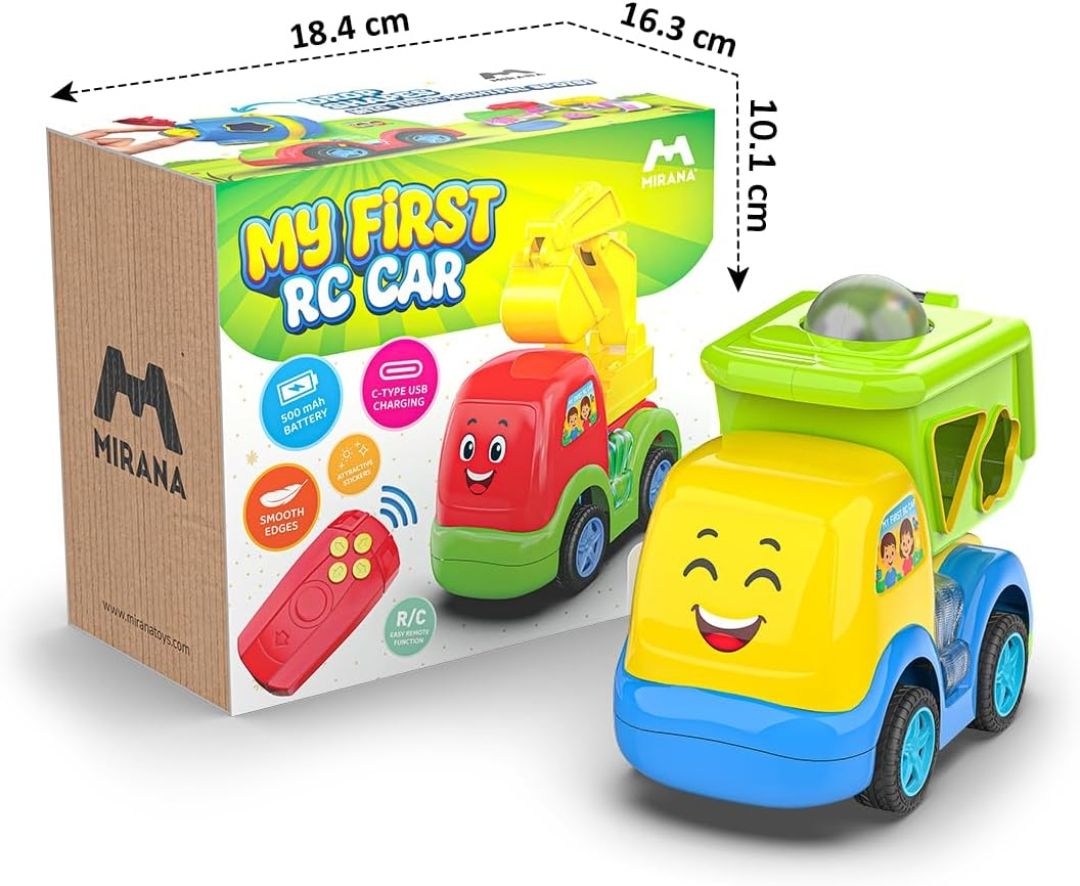 Mirana My First RC Car Toy For Kids - USB Type-C Rechargeable Bulldozer, Excavator, Crane Vehicle - Drop Shapes Into Correct Spots Design - For Boys & Girls 1+ Years (Dumpo), Multicolor view 4