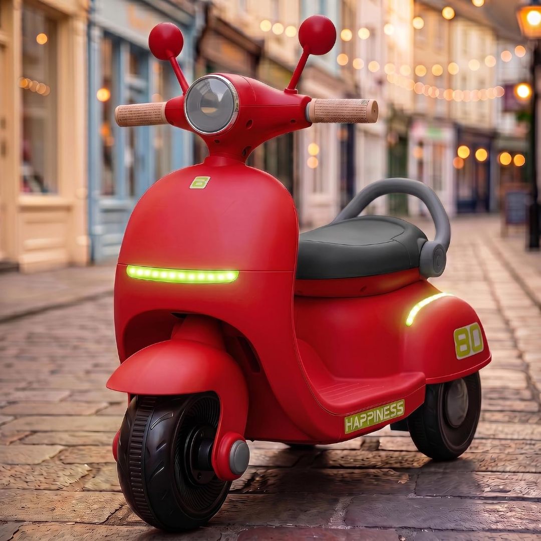 Baybee Elixo Baby Electric Scooter for Kids with LED Lights & Music | Rechargeable Ride on Toy Baby Bike with USB | Toddler Electric Bikes | Battery Operated Bike for Kids to Drive 2+ Years (Red)