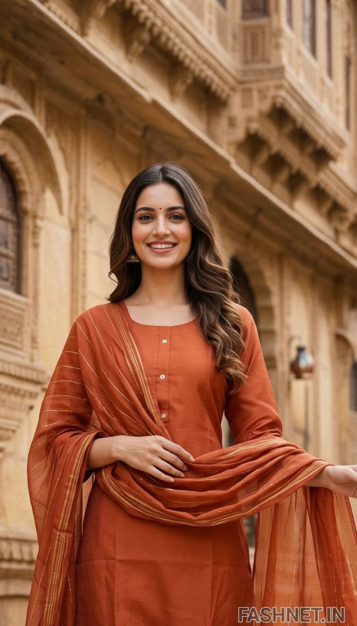 Orange Kurta Set with Dupatta view 4