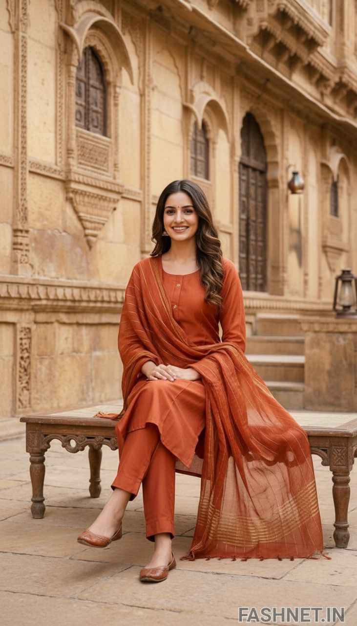 Orange Kurta Set with Dupatta view 3