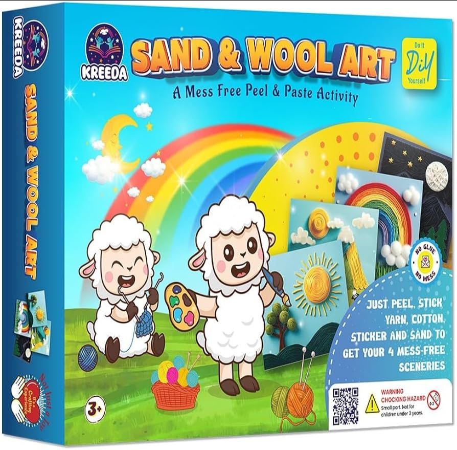 KREEDA- Sand Art & Wool Art | DIY Mess Free Craft Kit | Sand Art for kids and adults | DIY kit with 50+ Star Shaped Stickers and 2 Colourful Sand Bottles | 10+ colourful yarns | Gifts for Girls & Boys Ages 4, 5, 6, 7, 8, 9, 10, 11, 12 (Sand Art & Wool Art)