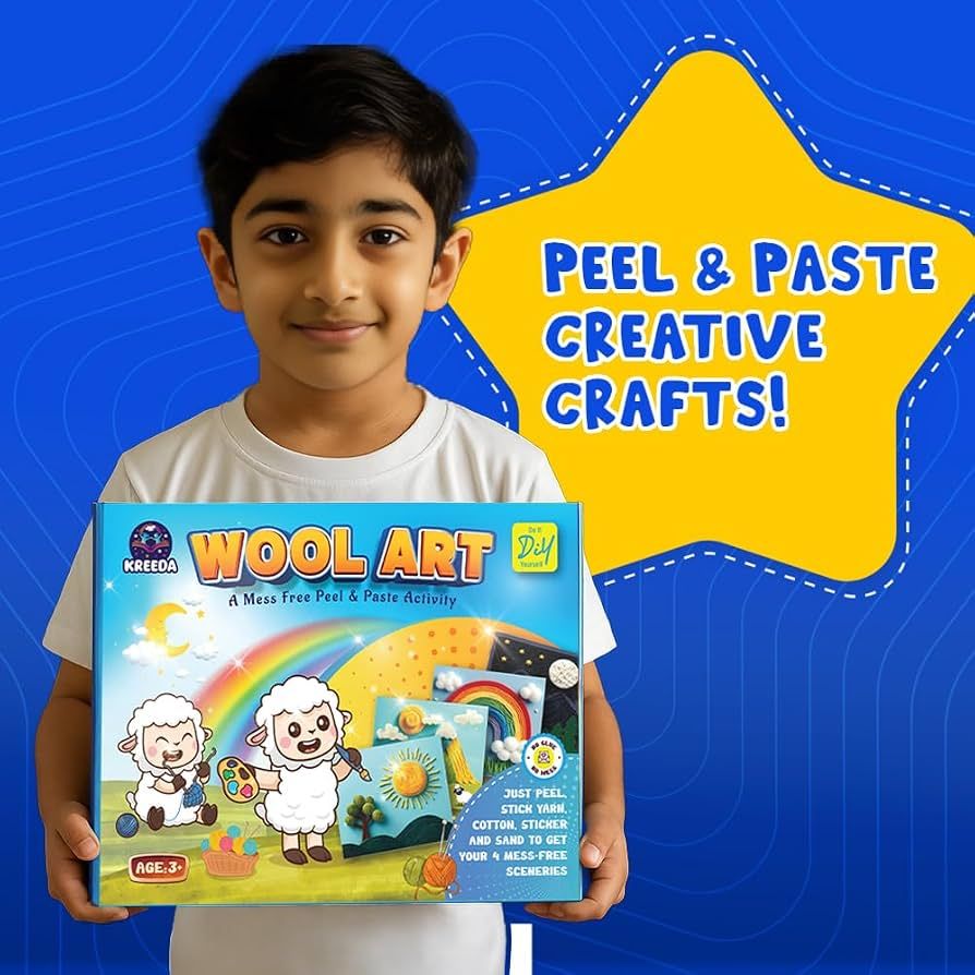 KREEDA- Sand Art & Wool Art | DIY Mess Free Craft Kit | Sand Art for kids and adults | DIY kit with 50+ Star Shaped Stickers and 2 Colourful Sand Bottles | 10+ colourful yarns | Gifts for Girls & Boys Ages 4, 5, 6, 7, 8, 9, 10, 11, 12 (Sand Art & Wool Art) view 2