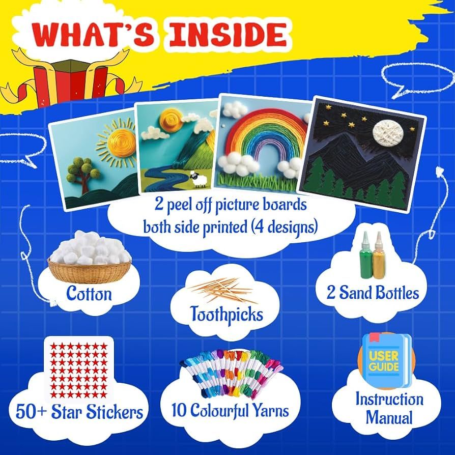 KREEDA- Sand Art & Wool Art | DIY Mess Free Craft Kit | Sand Art for kids and adults | DIY kit with 50+ Star Shaped Stickers and 2 Colourful Sand Bottles | 10+ colourful yarns | Gifts for Girls & Boys Ages 4, 5, 6, 7, 8, 9, 10, 11, 12 (Sand Art & Wool Art) view 9