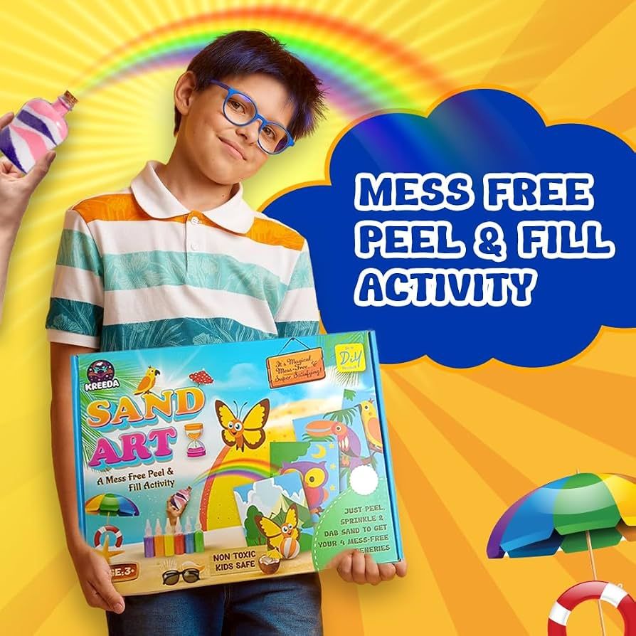 KREEDA- Sand Art actvity kit & Sticker Craft Kit for Kids (Age 5+) | 4 Designs DIY Animal , Birds & Butterfly DIY Set | 50+ Colourful Stickers | Fun Learning Art & Fun Hands-On Activity, Gifts for Ages 4, 5, 6, 7, 8, 9, 10 view 2