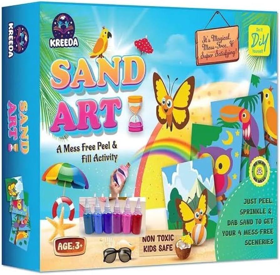 KREEDA- Sand Art actvity kit & Sticker Craft Kit for Kids (Age 5+) | 4 Designs DIY Animal , Birds & Butterfly DIY Set | 50+ Colourful Stickers | Fun Learning Art & Fun Hands-On Activity, Gifts for Ages 4, 5, 6, 7, 8, 9, 10