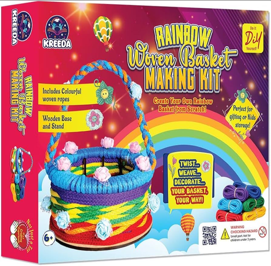 KREEDA DIY Rainbow Basket Making Kit | Do-It-Yourself Creative Activity | Circular DIY Wooden Basket Frames | Gifts for Girls & Boys Ages 6, 7, 8, 9, 10, 11, 12
