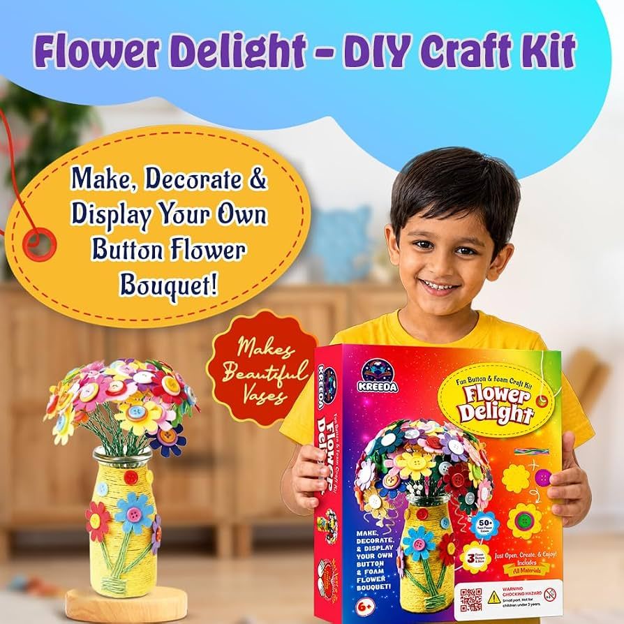 Kreeda Flower Delight – DIY Foam Art Craft Kit for Girls 6–12, Create 3D Flowers Bouquet with 50+ foam flowers, colourful glass bottle vase & buttons, Mess-Free Creative Activity & Room Decor, Birthday Gift for Kids Age 6+ view 3