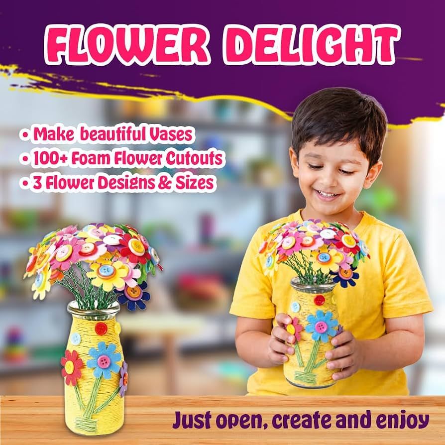 Kreeda Flower Delight – DIY Foam Art Craft Kit for Girls 6–12, Create 3D Flowers Bouquet with 50+ foam flowers, colourful glass bottle vase & buttons, Mess-Free Creative Activity & Room Decor, Birthday Gift for Kids Age 6+ view 5