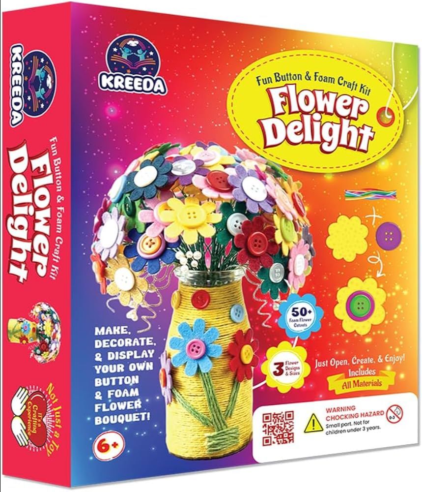 Kreeda Flower Delight – DIY Foam Art Craft Kit for Girls 6–12, Create 3D Flowers Bouquet with 50+ foam flowers, colourful glass bottle vase & buttons, Mess-Free Creative Activity & Room Decor, Birthday Gift for Kids Age 6+