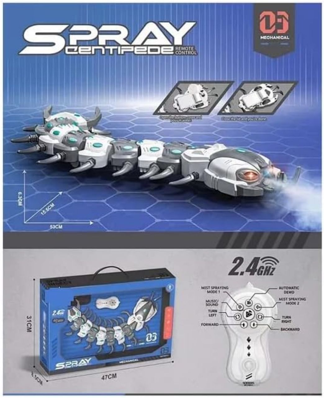 Remote Control Centipede with Light Sound & Spray Toys for Kids - Color & Design May Vary