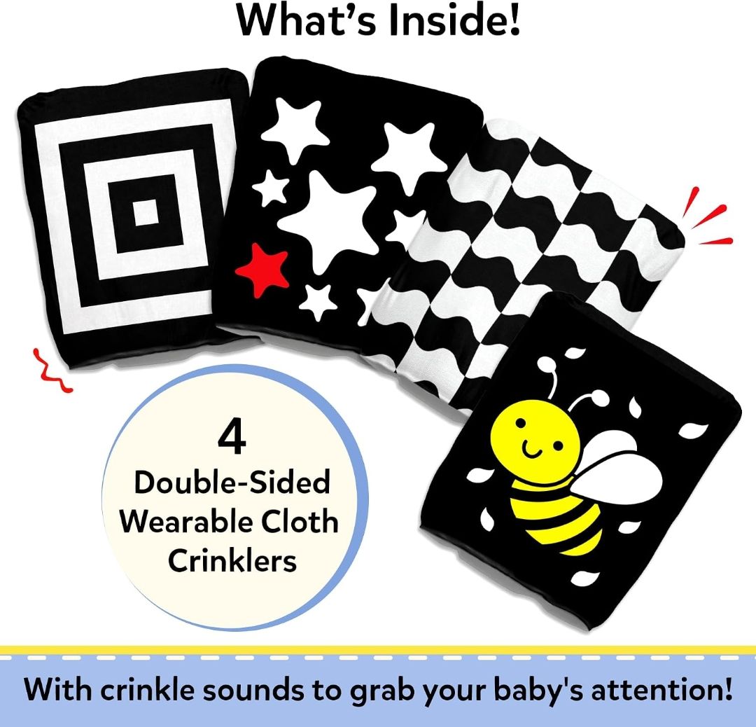 Skillmatics High Contrast Crinklers – Black & White Sensory Cloths for Baby
4 Wearable Crinklers, Newborn Visual Stimulation, Tummy Time, Sensory Exploration, Gift for Babies 0–12 Months view 3