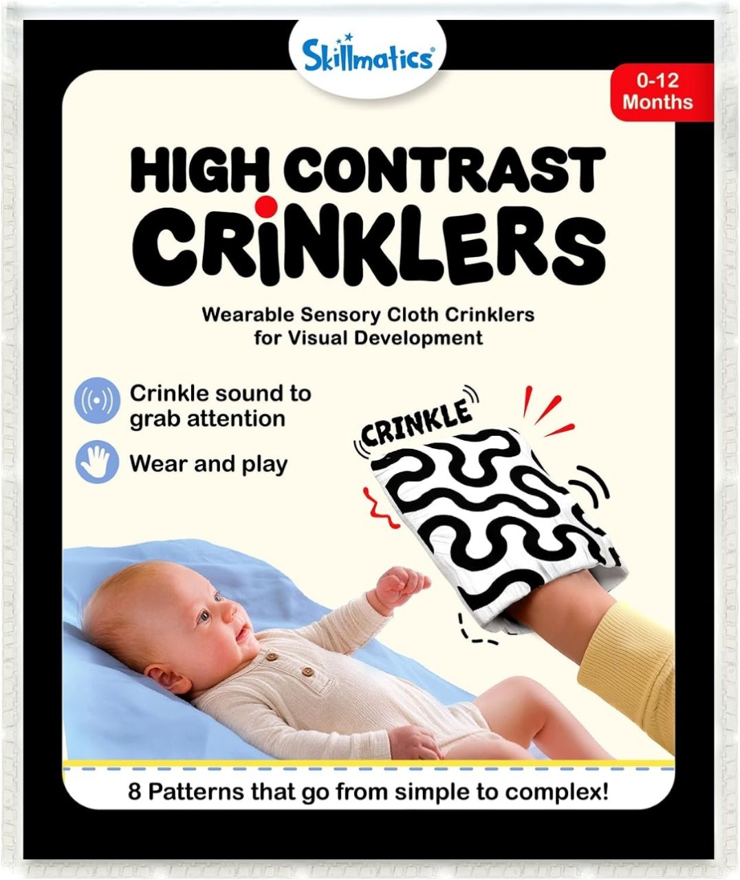Skillmatics High Contrast Crinklers – Black & White Sensory Cloths for Baby
4 Wearable Crinklers, Newborn Visual Stimulation, Tummy Time, Sensory Exploration, Gift for Babies 0–12 Months