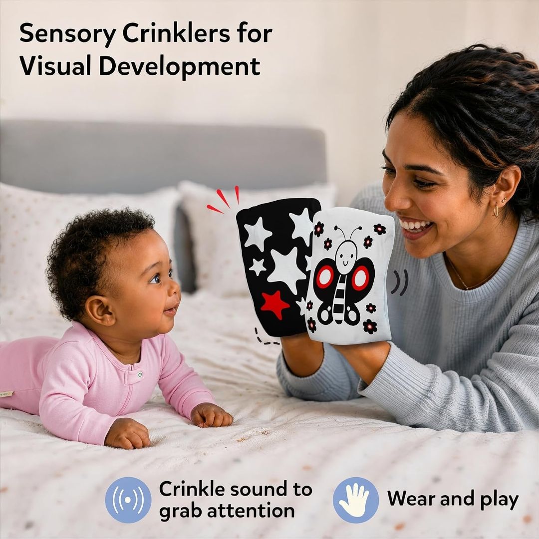 Skillmatics High Contrast Crinklers – Black & White Sensory Cloths for Baby
4 Wearable Crinklers, Newborn Visual Stimulation, Tummy Time, Sensory Exploration, Gift for Babies 0–12 Months view 2