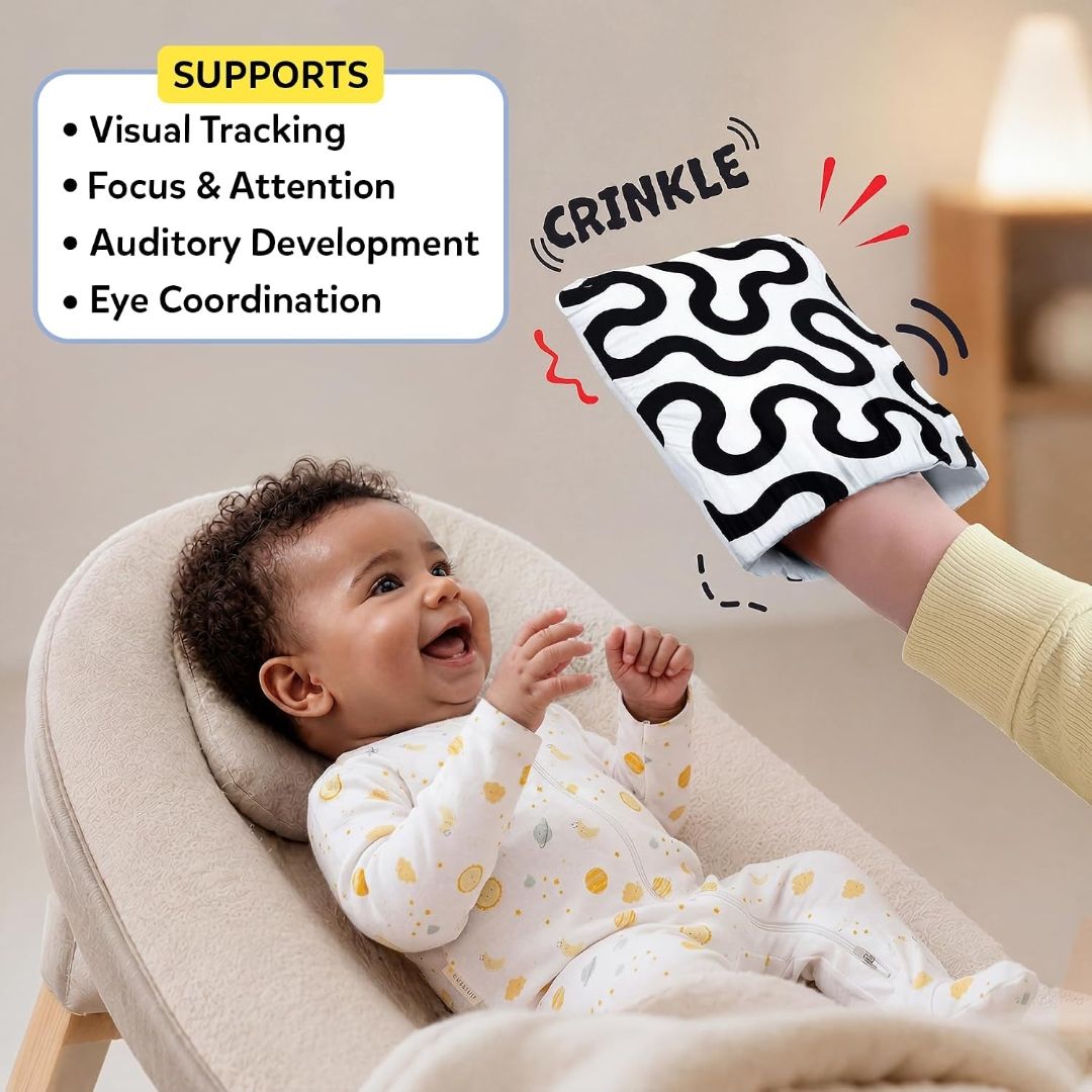 Skillmatics High Contrast Crinklers – Black & White Sensory Cloths for Baby
4 Wearable Crinklers, Newborn Visual Stimulation, Tummy Time, Sensory Exploration, Gift for Babies 0–12 Months view 5