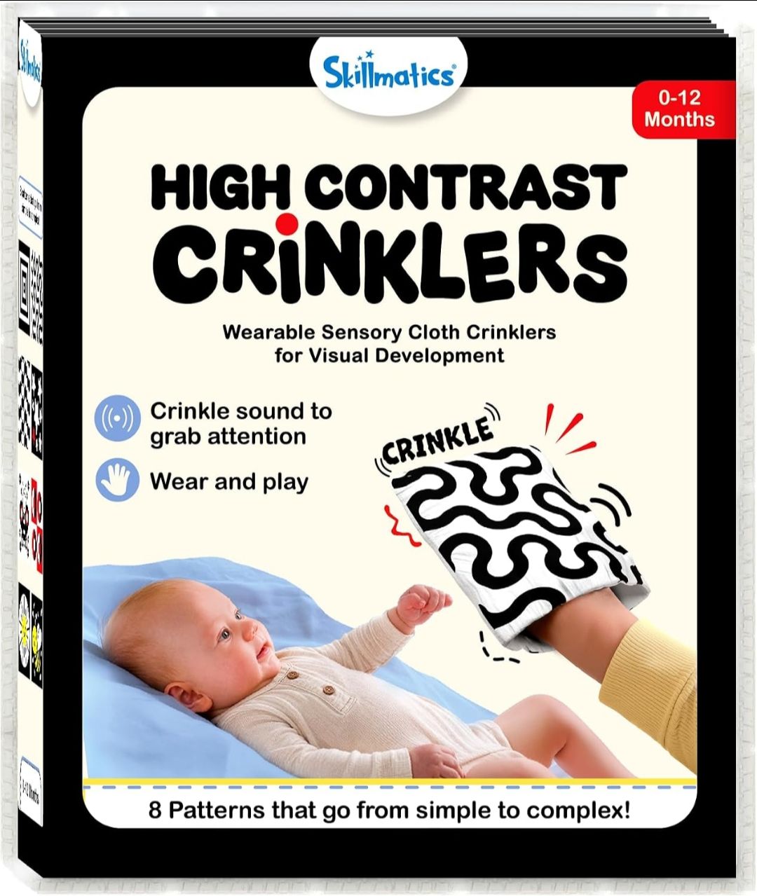 Skillmatics High Contrast Crinklers – Black & White Sensory Cloths for Baby
4 Wearable Crinklers, Newborn Visual Stimulation, Tummy Time, Sensory Exploration, Gift for Babies 0–12 Months view 7