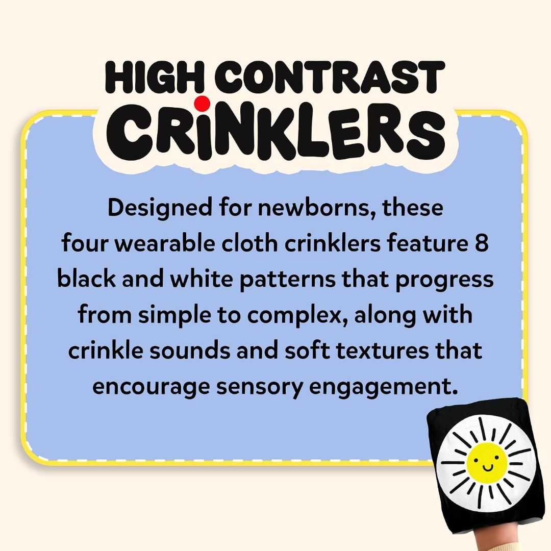 Skillmatics High Contrast Crinklers – Black & White Sensory Cloths for Baby
4 Wearable Crinklers, Newborn Visual Stimulation, Tummy Time, Sensory Exploration, Gift for Babies 0–12 Months view 8