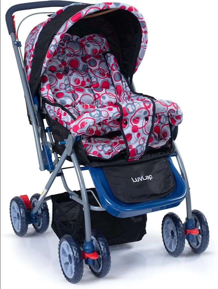 LuvLap Starshine Baby Stroller / Pram for 0 to 3 Years, New Born / Toddler / Kid, Lightweight, Adjustable backrest, 360° Swivel Wheel, Large storage basket, Reversible Handlebar (Light Red)