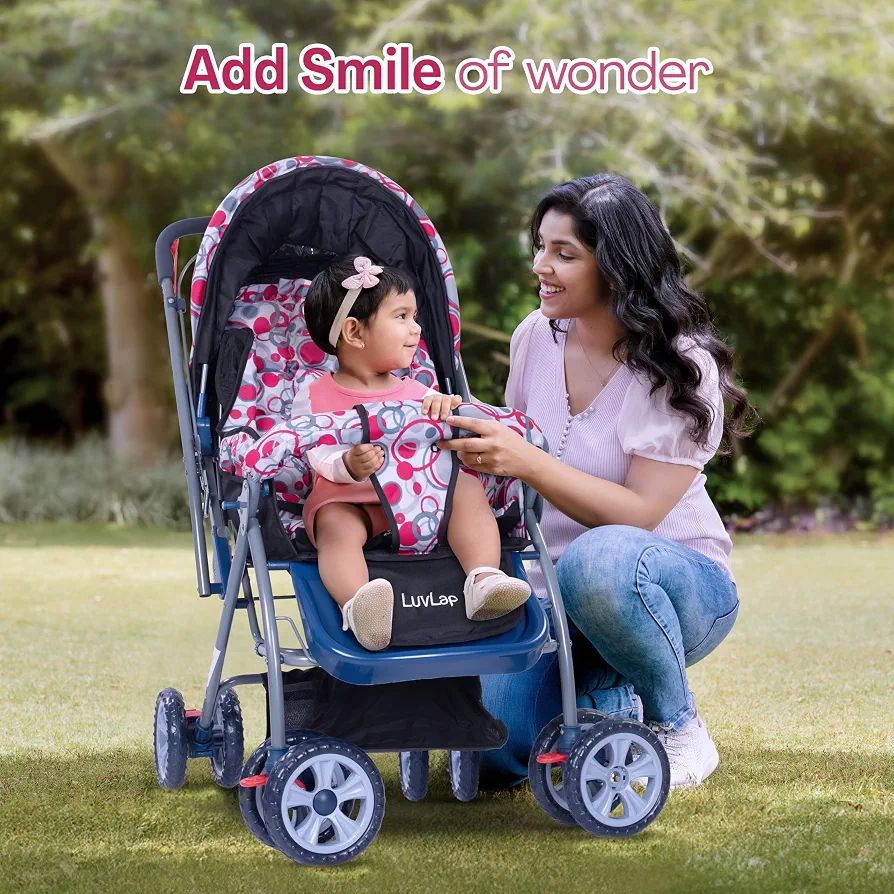 LuvLap Starshine Baby Stroller / Pram for 0 to 3 Years, New Born / Toddler / Kid, Lightweight, Adjustable backrest, 360° Swivel Wheel, Large storage basket, Reversible Handlebar (Light Red) view 4