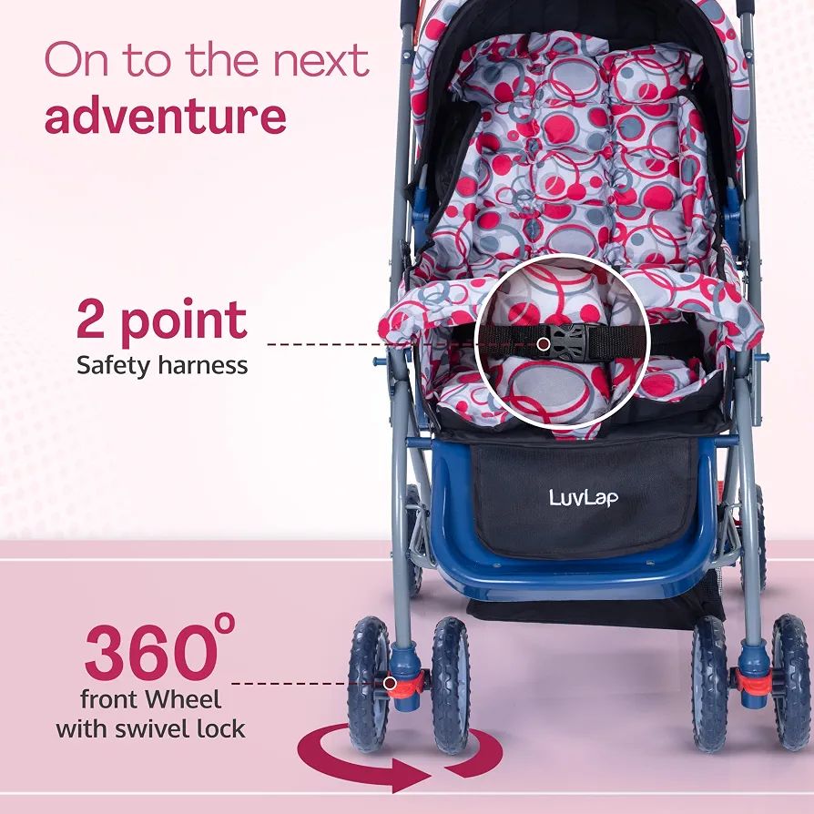 LuvLap Starshine Baby Stroller / Pram for 0 to 3 Years, New Born / Toddler / Kid, Lightweight, Adjustable backrest, 360° Swivel Wheel, Large storage basket, Reversible Handlebar (Light Red) view 8