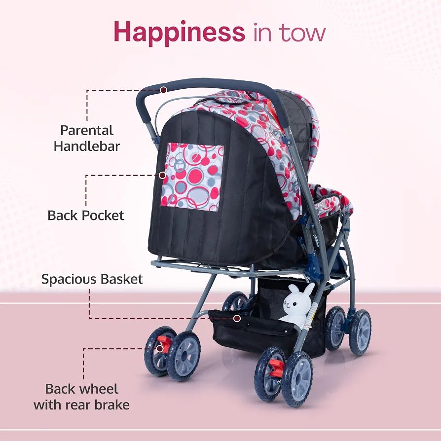 LuvLap Starshine Baby Stroller / Pram for 0 to 3 Years, New Born / Toddler / Kid, Lightweight, Adjustable backrest, 360° Swivel Wheel, Large storage basket, Reversible Handlebar (Light Red) view 9