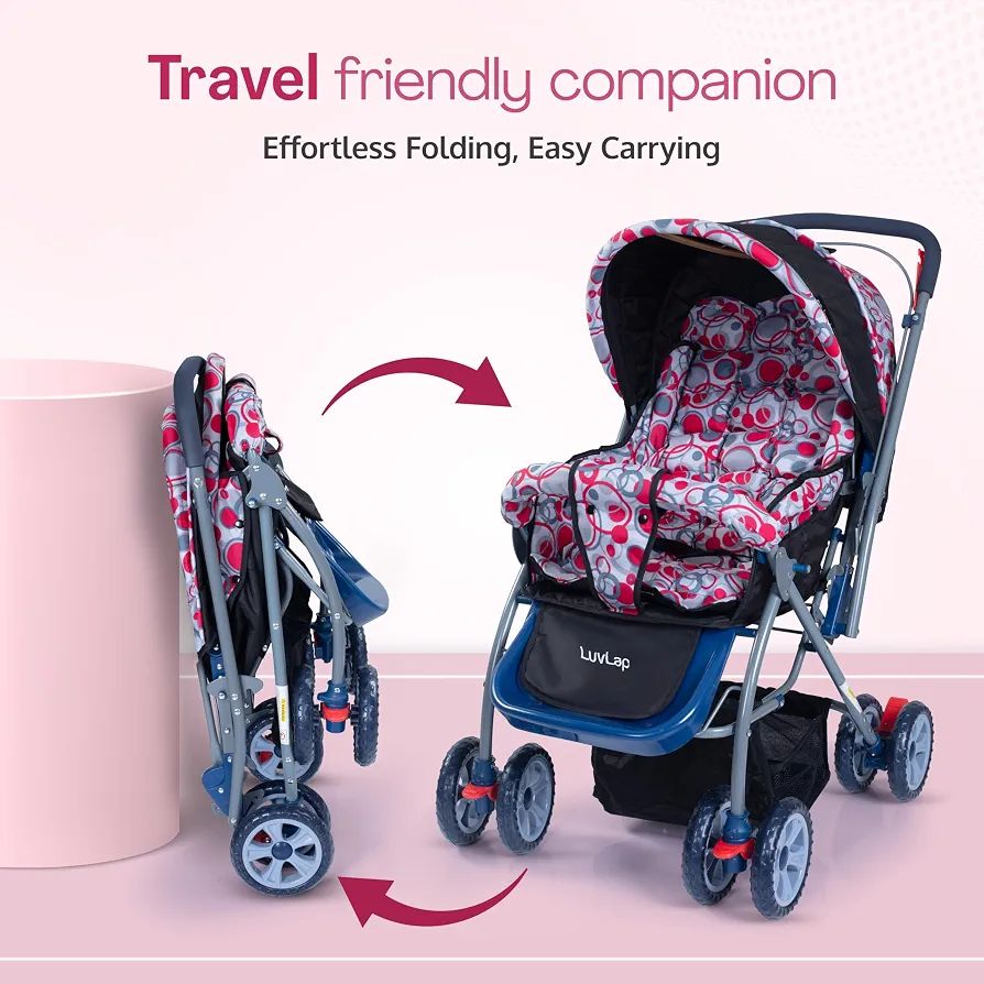 LuvLap Starshine Baby Stroller / Pram for 0 to 3 Years, New Born / Toddler / Kid, Lightweight, Adjustable backrest, 360° Swivel Wheel, Large storage basket, Reversible Handlebar (Light Red) view 7