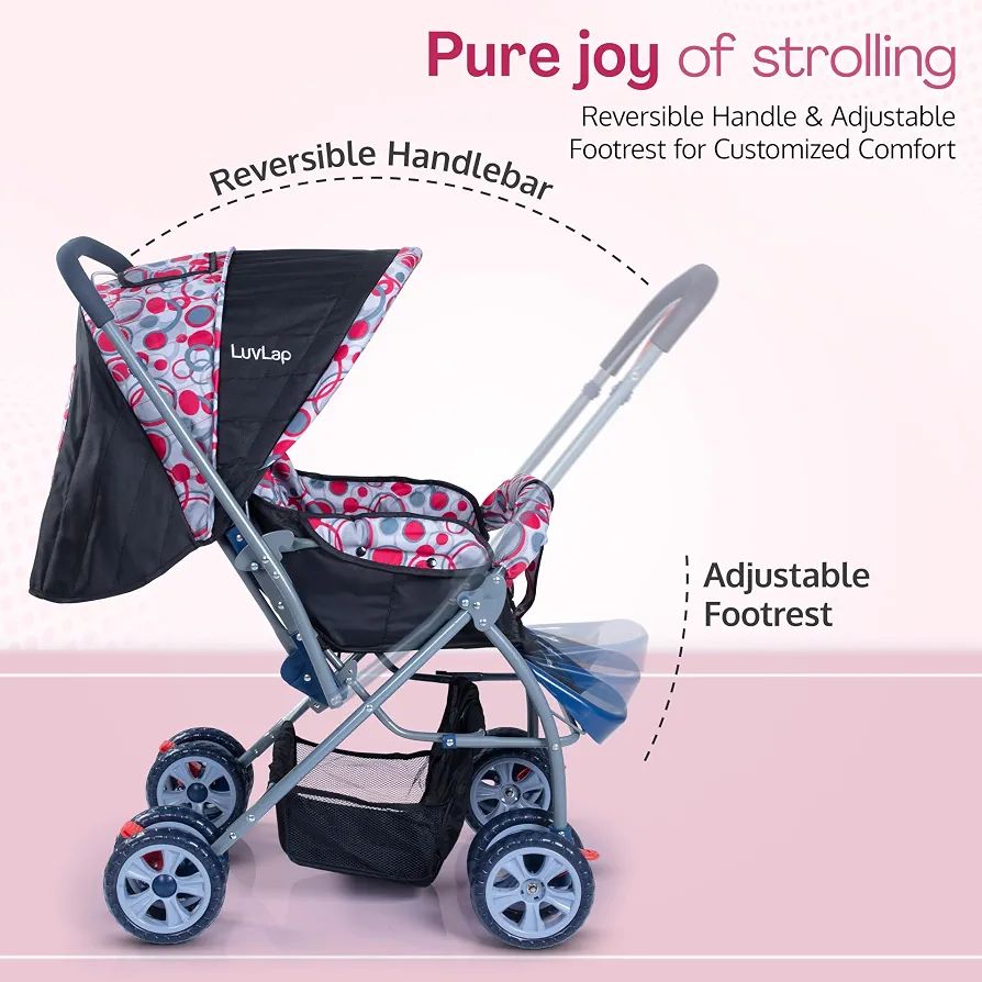 LuvLap Starshine Baby Stroller / Pram for 0 to 3 Years, New Born / Toddler / Kid, Lightweight, Adjustable backrest, 360° Swivel Wheel, Large storage basket, Reversible Handlebar (Light Red) view 6