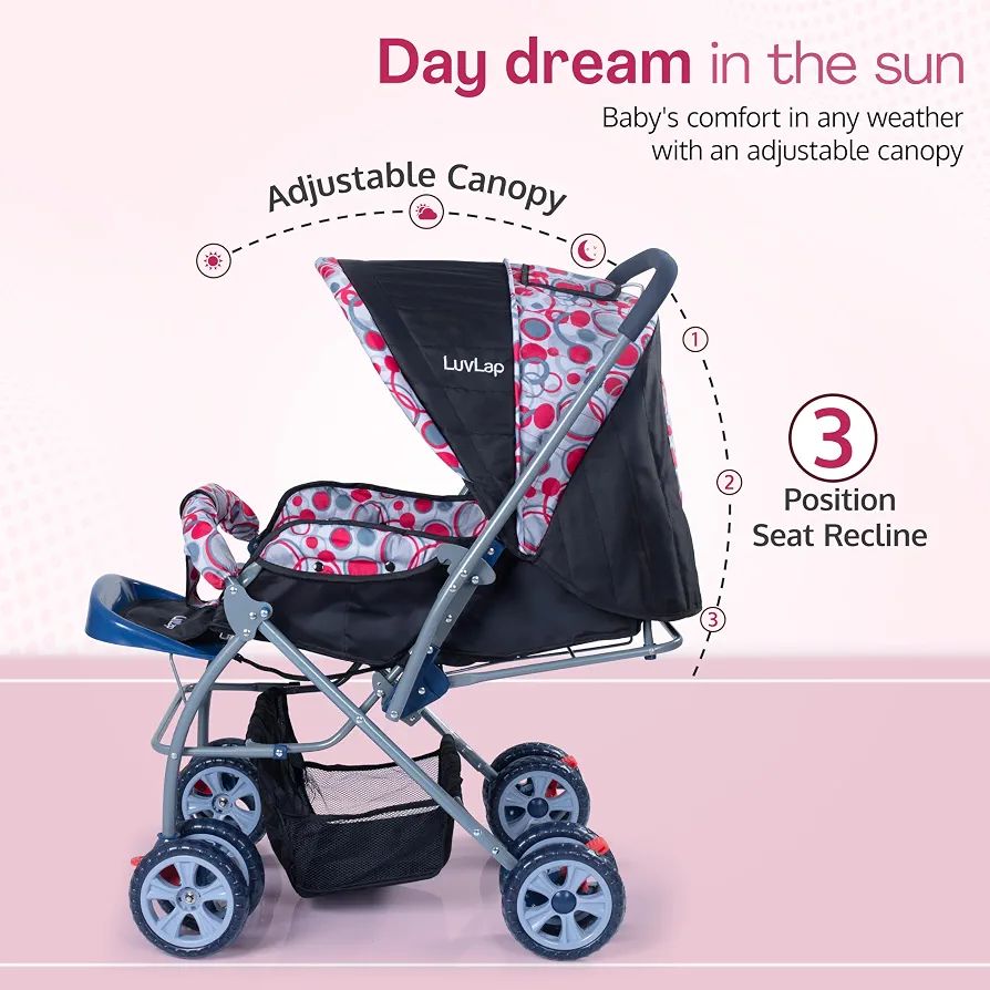 LuvLap Starshine Baby Stroller / Pram for 0 to 3 Years, New Born / Toddler / Kid, Lightweight, Adjustable backrest, 360° Swivel Wheel, Large storage basket, Reversible Handlebar (Light Red) view 5