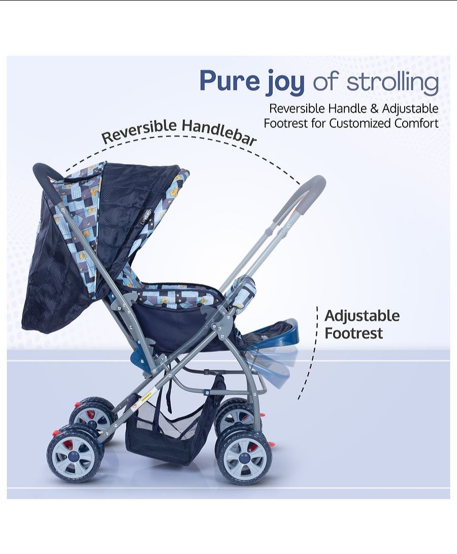 LuvLap Starshine Baby Stroller/Pram for 0 to 3 Years, New Born/Toddler/Kid, Lightweight, Adjustable backrest, 360° Swivel Wheel, Large Storage Basket, Reversible Handlebar (Blue view 3