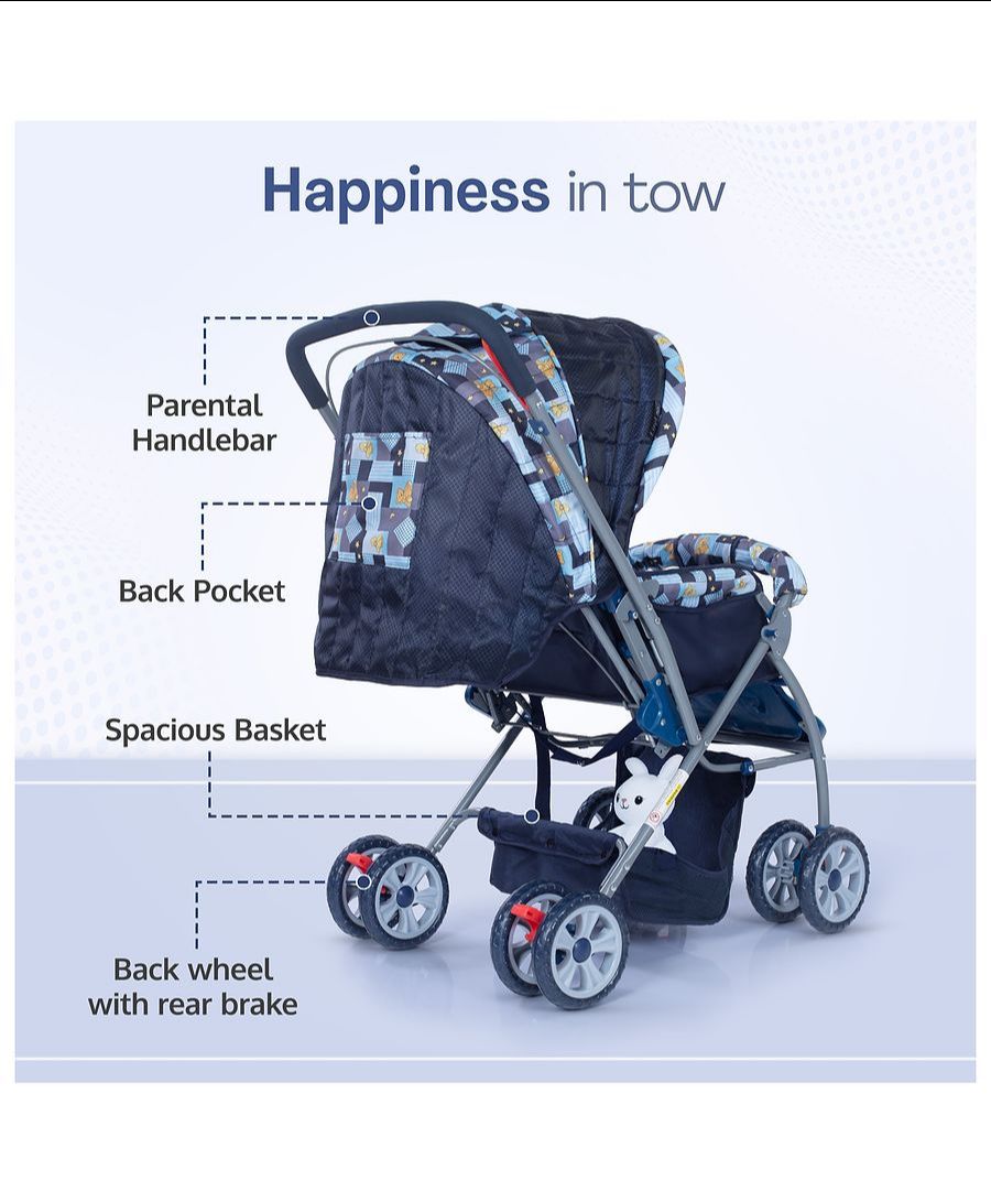 LuvLap Starshine Baby Stroller/Pram for 0 to 3 Years, New Born/Toddler/Kid, Lightweight, Adjustable backrest, 360° Swivel Wheel, Large Storage Basket, Reversible Handlebar (Blue view 6