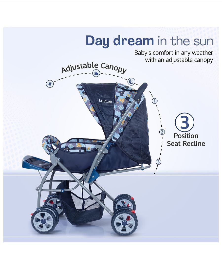 LuvLap Starshine Baby Stroller/Pram for 0 to 3 Years, New Born/Toddler/Kid, Lightweight, Adjustable backrest, 360° Swivel Wheel, Large Storage Basket, Reversible Handlebar (Blue view 2