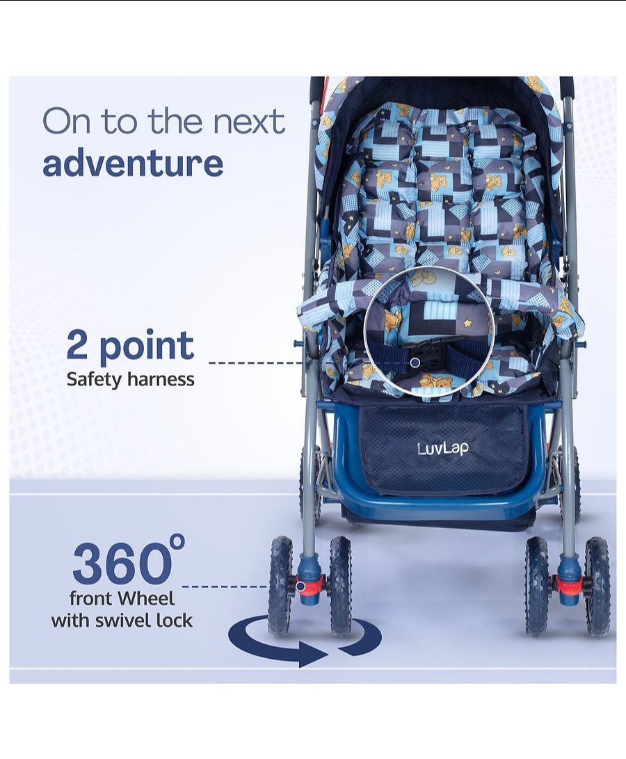 LuvLap Starshine Baby Stroller/Pram for 0 to 3 Years, New Born/Toddler/Kid, Lightweight, Adjustable backrest, 360° Swivel Wheel, Large Storage Basket, Reversible Handlebar (Blue view 5