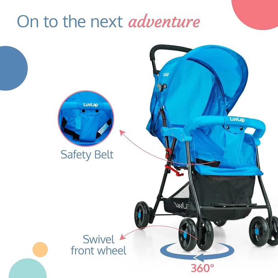 LuvLap Apollo Stroller with Multi-Position Recline, Lightweight, 3-Point Safety Harness, Rear Wheel Brakes, Swivel Front Wheels, Storage Basket, Weight Capacity 15Kgs, Blue view 6
