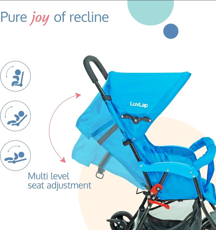 LuvLap Apollo Stroller with Multi-Position Recline, Lightweight, 3-Point Safety Harness, Rear Wheel Brakes, Swivel Front Wheels, Storage Basket, Weight Capacity 15Kgs, Blue view 2