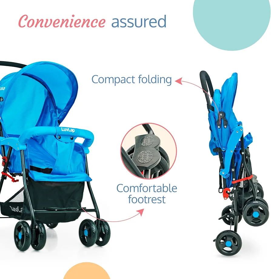 LuvLap Apollo Stroller with Multi-Position Recline, Lightweight, 3-Point Safety Harness, Rear Wheel Brakes, Swivel Front Wheels, Storage Basket, Weight Capacity 15Kgs, Blue view 4