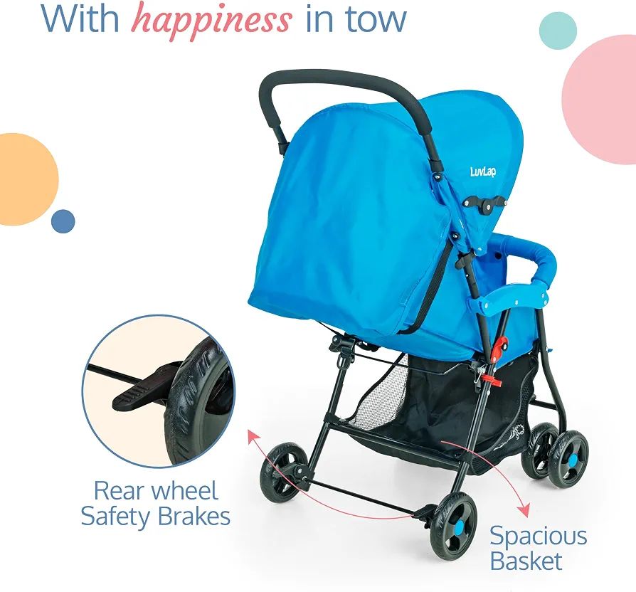 LuvLap Apollo Stroller with Multi-Position Recline, Lightweight, 3-Point Safety Harness, Rear Wheel Brakes, Swivel Front Wheels, Storage Basket, Weight Capacity 15Kgs, Blue view 5