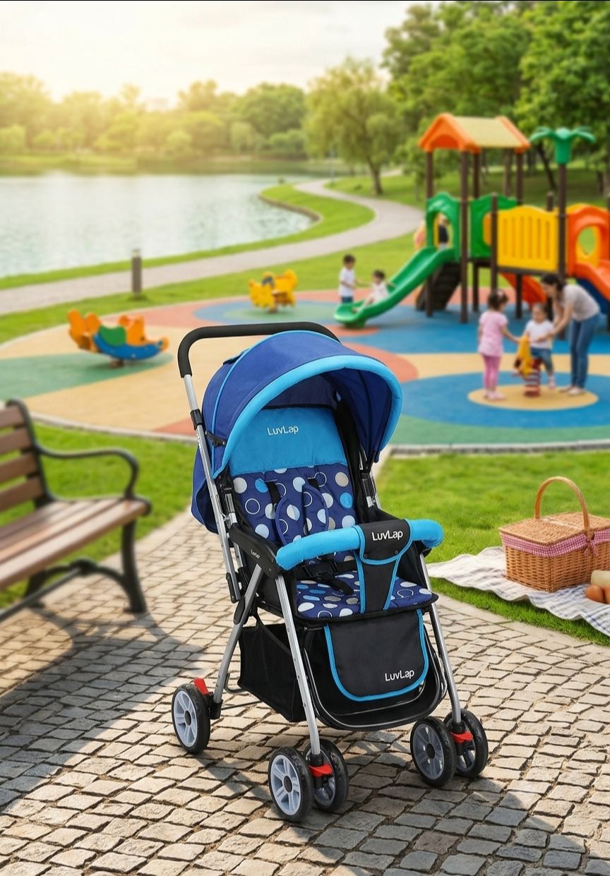 LuvLap Sunshine Baby Stroller/Pram for 0 to 3 Years, New Born/Toddler/Kid, 5 Point Safety Harness, Adjustable backrest, 360° Swivel Wheel, Large Storage Basket, Reversible Handlebar (Blue)
