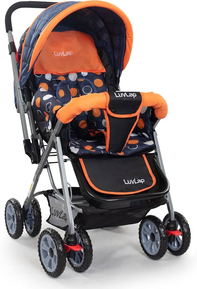 LuvLap Sunshine Baby Stroller/Pram for 0 to 3 Years, New Born/Toddler/Kid, 5 Point Safety Harness, Adjustable backrest, 360° Swivel Wheel, Large Storage Basket, Reversible Handlebar (Orange)