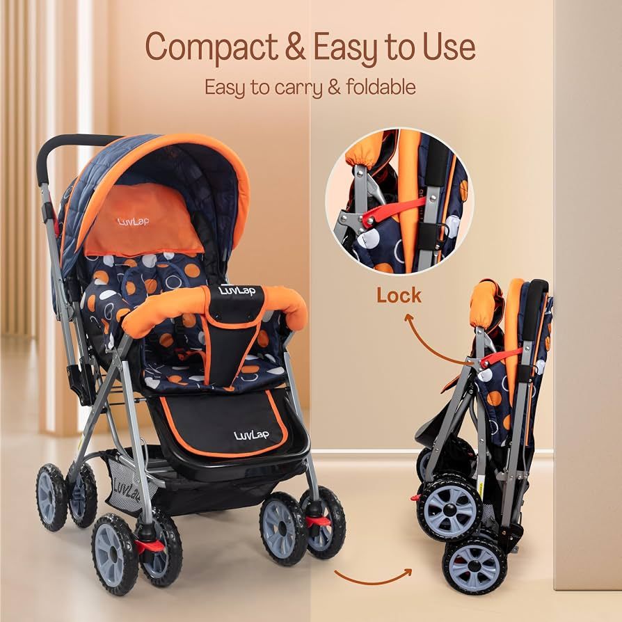 LuvLap Sunshine Baby Stroller/Pram for 0 to 3 Years, New Born/Toddler/Kid, 5 Point Safety Harness, Adjustable backrest, 360° Swivel Wheel, Large Storage Basket, Reversible Handlebar (Orange) view 6