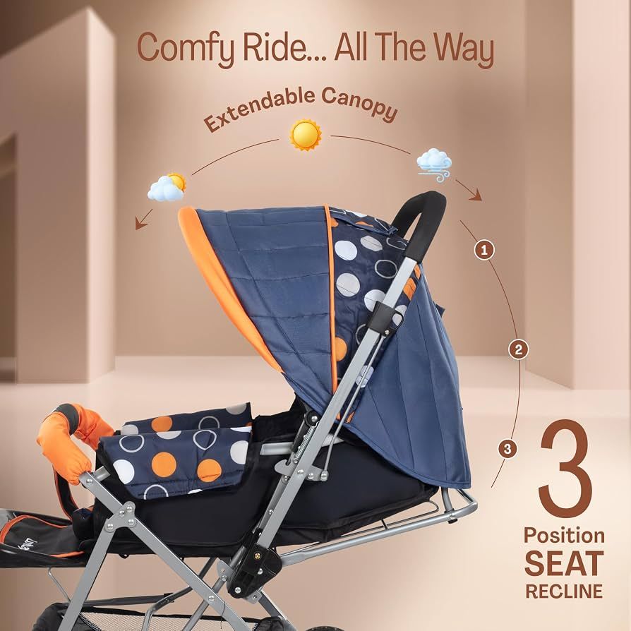 LuvLap Sunshine Baby Stroller/Pram for 0 to 3 Years, New Born/Toddler/Kid, 5 Point Safety Harness, Adjustable backrest, 360° Swivel Wheel, Large Storage Basket, Reversible Handlebar (Orange) view 3